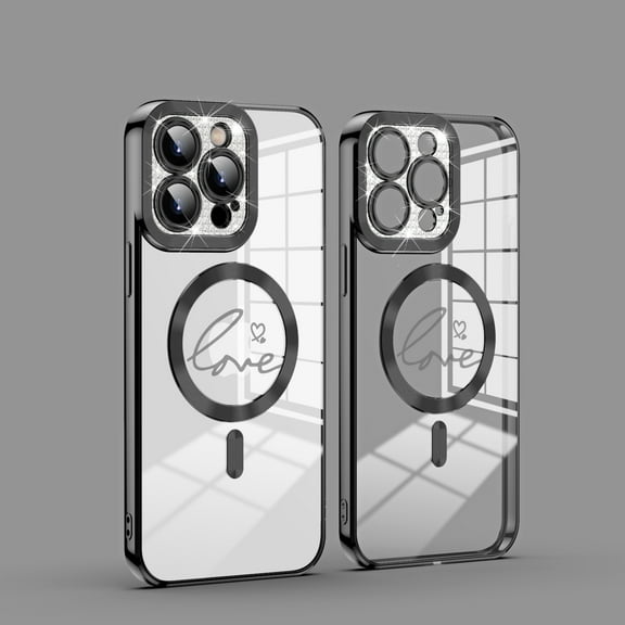 Nalacover Electroplated Magnetic Case for iPhone 13 Pro, High-Transparency Clear Cover Compatible with MagSafe Wireless Charging, Sparkle Lens Protection Love Pattern Shockproof Case,Black