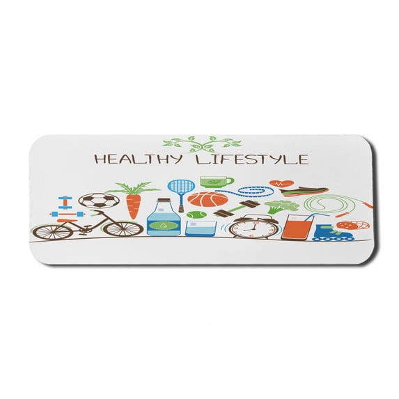 Fitness Computer Mouse Pad, Healthcare Theme Athletic Energetic Life Routine Wellness Gym Equipment Vegetables, Rectangle Non-Slip Rubber Mousepad Large, 31" x 12", Multicolor, by Ambesonne