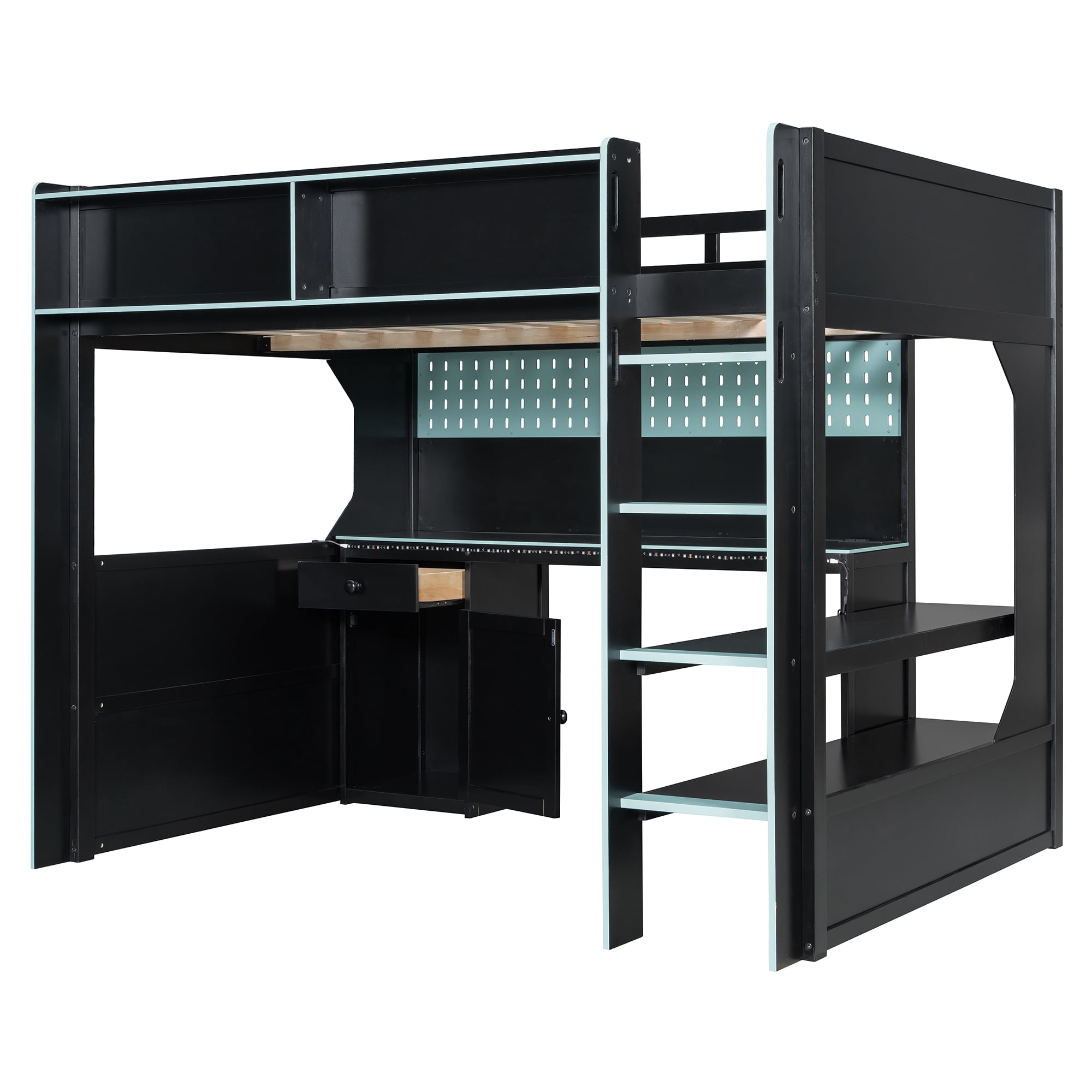 Mintazer Full Size Gaming Loft Bed with Desk & LED Lights, Modern Bed Frame with Storage Shelves & Pegboard and Charging Station for Dorm Bedroom Apartment, Black & Blue
