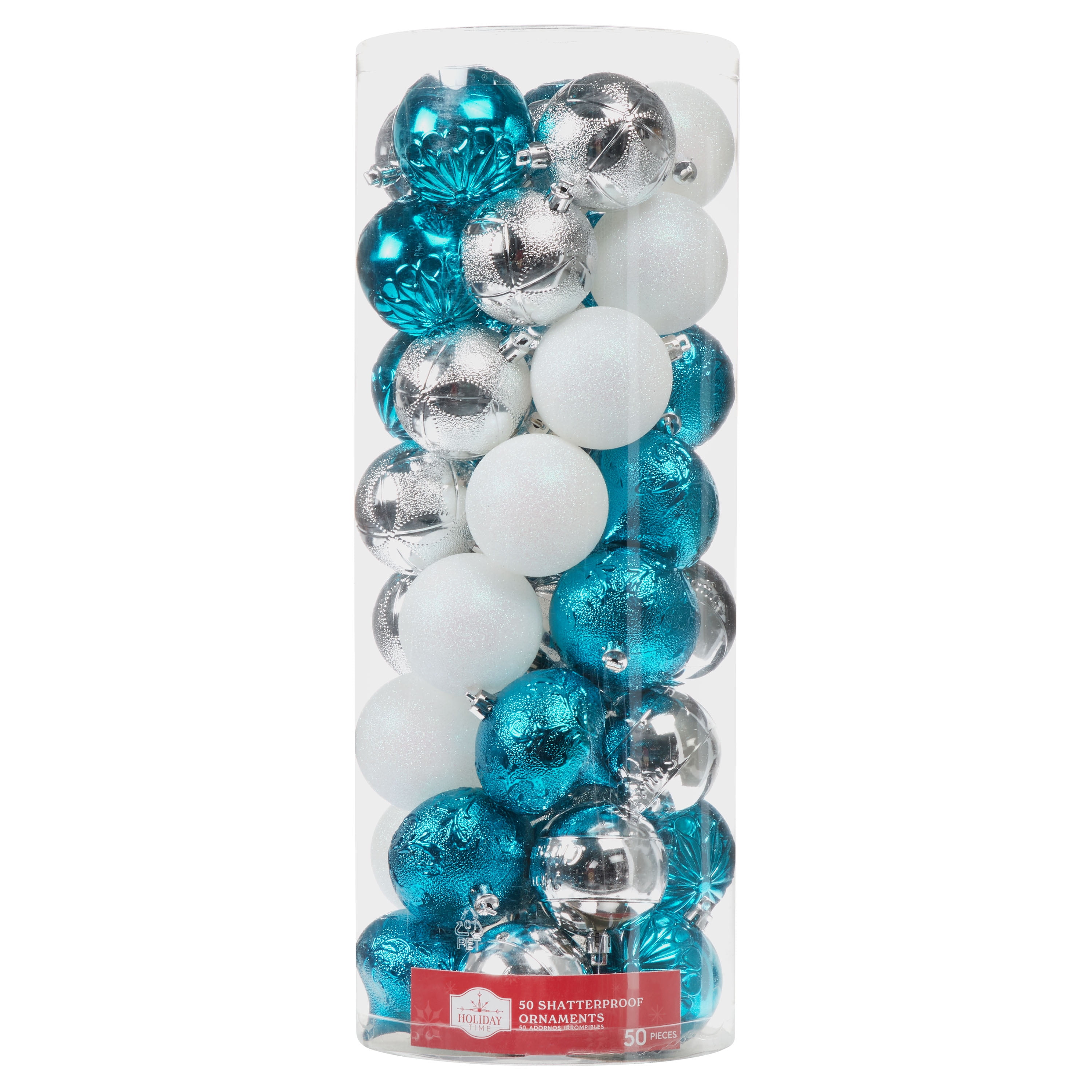 Holiday Time Teal/ Silver/ White Christmas Shatterproof Ornaments, 50 Count