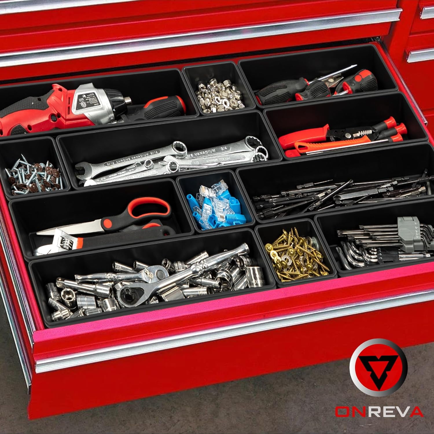 ONREVA Tool Box Organizer Tray Divider Set, Extra Large Toolbox Trays, Tool Box Organizers and Storage Kit, Rolling Tool Chest Drawer Bins, Hardware Screwdrivers Pliers Organization, 12pcs