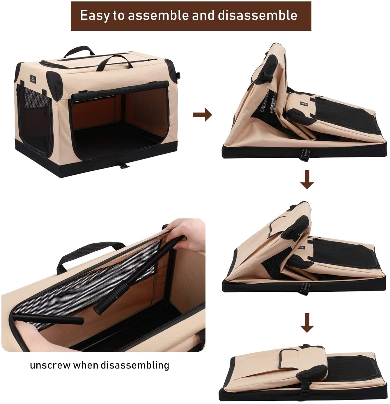 3-Door Portable Soft-Sided Folding Dog Travel Crate, Small Tan Collapsible Pet Kennel with Mesh Windows for Indoor Outdoor Use