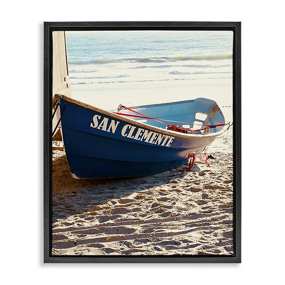 Stupell Industries Blue Boat on Sand Transportation Photography Black Floater Framed Canvas Art Print Wall Art, 17 x 21
