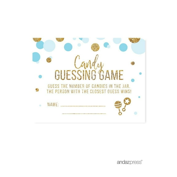 Candy Guessing Game Cards Baby Blue Gold Glitter Baby Shower Game Cards, 30-Pack