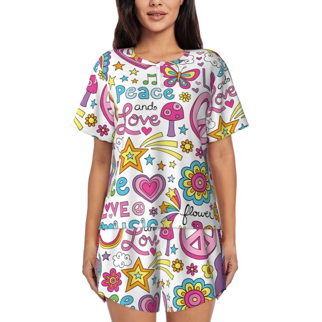 Balery Peace Love and Dove Flower Power Conjunto de Pijama para Mujer con Estampado, Dos Piezas de Manga Corta y Shorts, Ropa de Dormir Suave con Cuello Redondo y Bolsillos-XX-Large