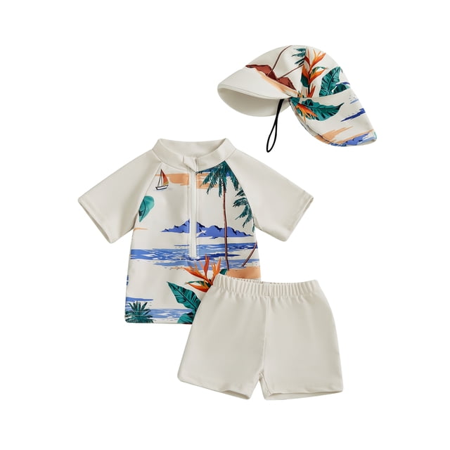 Gupgi Maillot de Bain Garçon 3 Pcs Été Imprimé Requin Manches Courtes Fermeture Éclair + Short + Chapeau