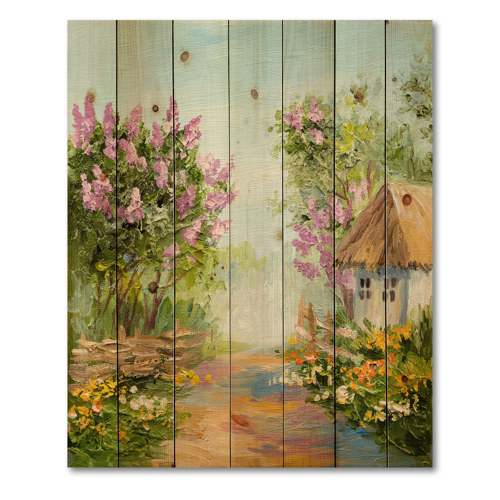 Designart 'Little House In The Blossoming Flowers Forest' Lake House Print on Natural Pine Wood