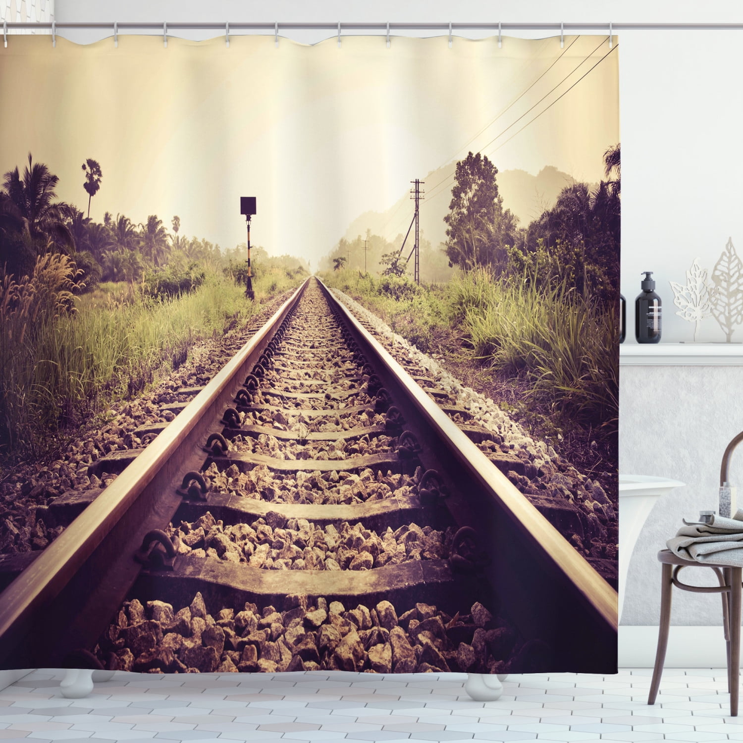Train Track Shower Curtain, Vintage Rural Inspired Railroad and Trees