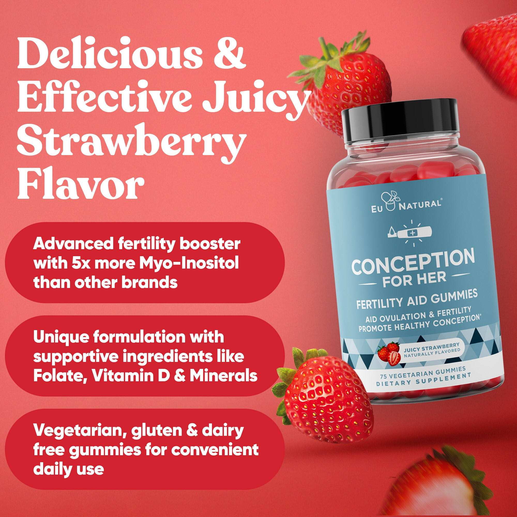 Eu Natural Fertility Gummies - Fertility Supplements for Women with Myo Inositol, Folate & More - Prenatal Gummy Vitamins -  Delicious Juicy Strawberry Hormone Balance Vitamins, 75 ct Gummies