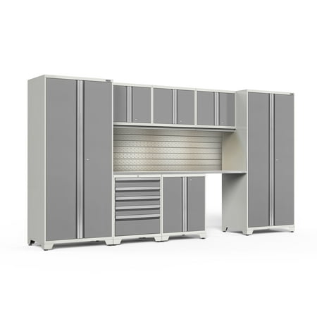 

NewAge Products Pro Series Platinum 8 Piece Cabinet Set Heavy Duty 18-Gauge Steel Garage Storage System Slatwall / LED Lights Included