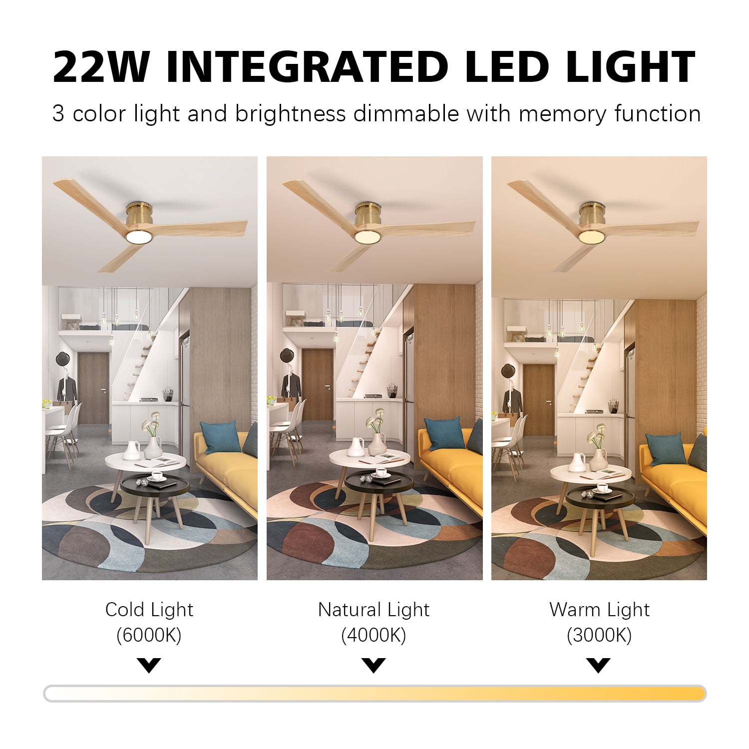 Wozzio 52-Inch Ceiling Fan with Integrated LED Light and Remote Control