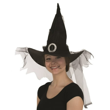 Black Poly Witch Hat with Long Black Veil Goth Adult Gothic Costume