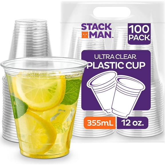 Stack Man [100 Pack - 12 oz.] Clear Disposable Plastic Cups PET Crystal Clear Disposable 12oz Plastic Party Cups Tumblers