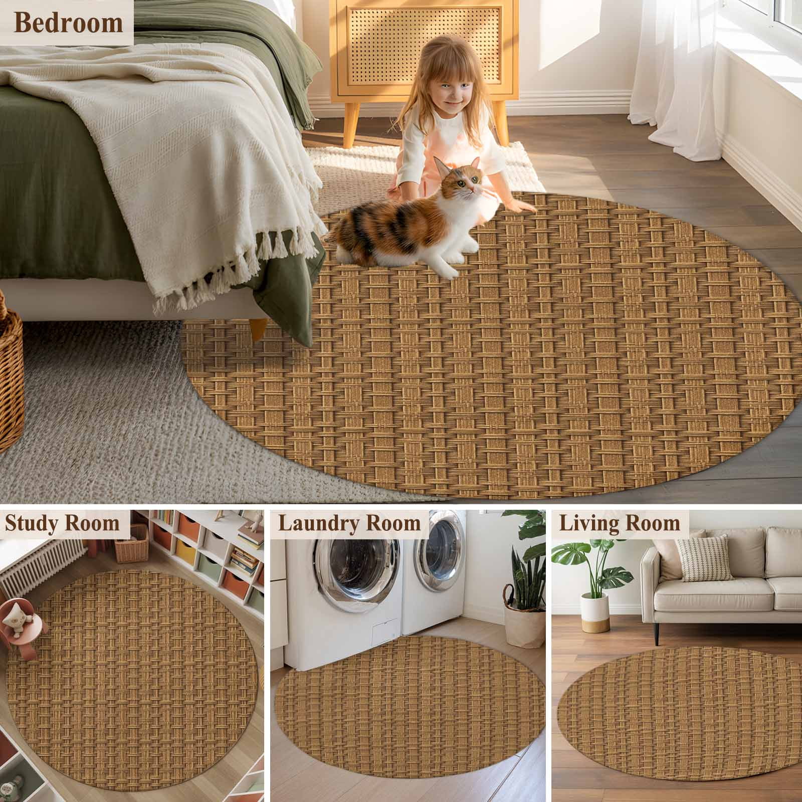Round Rug 6Ft Washable Non-Slip, Vintage Rattan Circle Area Rugs for Living Room Bedroom, Minimalist Abstract Wicker Texture Brown Indoor Floor Mats Carpet Runner for Home Decor Aesthetic