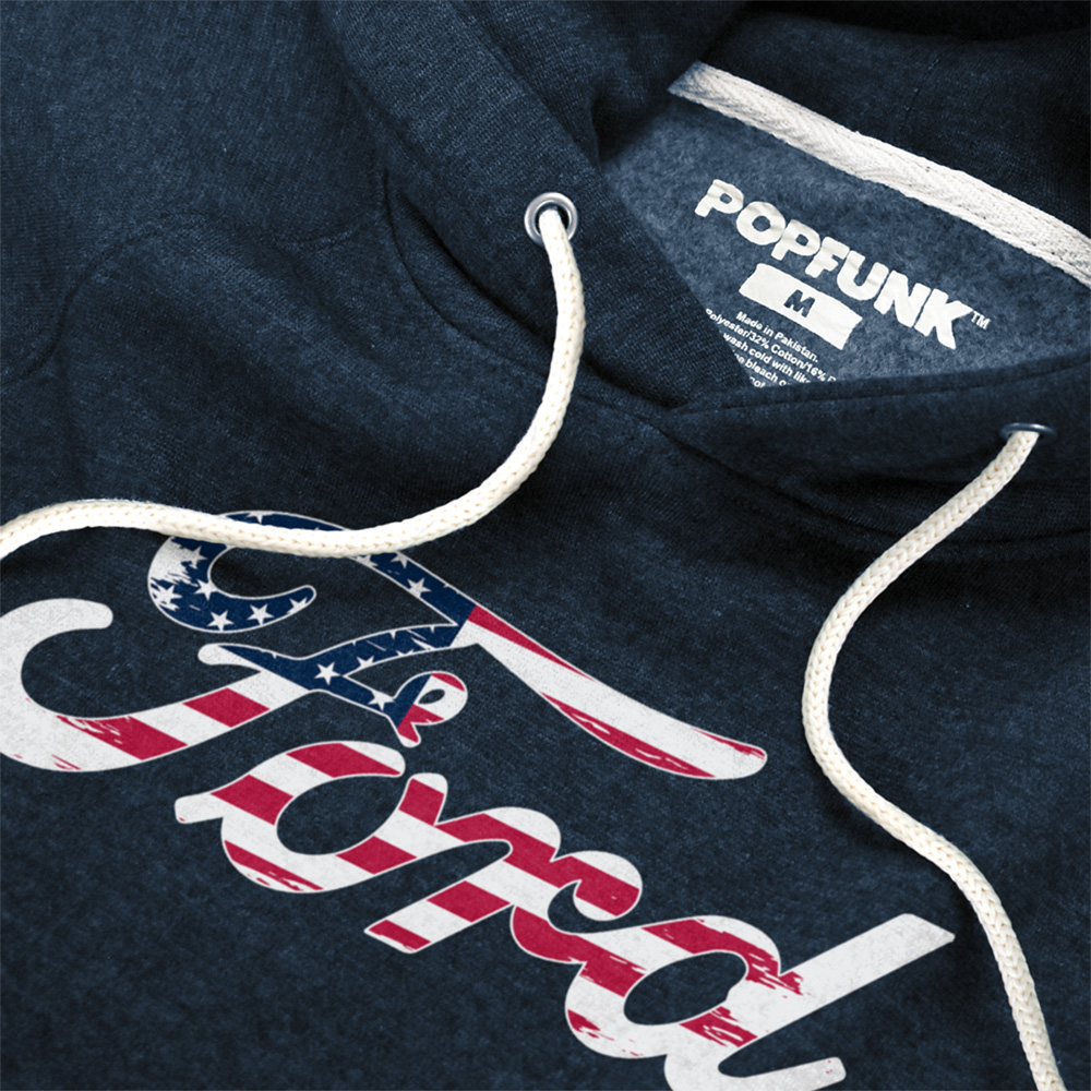 Ford Flag Logo Unisex Adult Slim Fit Pull-Over Heather Hoodie, Navy, Small