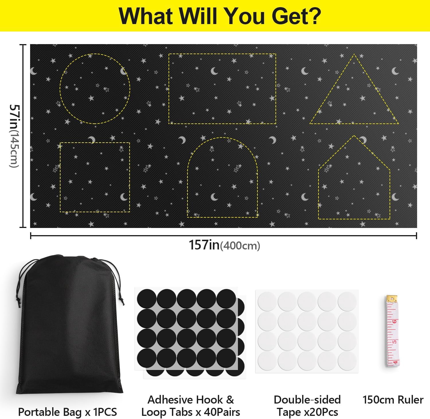 100% Blackout Window Cover Film, Portable Black Out Curtains for Bedroom, Cuttable Blackout Shades Fabric Sheet, No Drill Window Blinds, Sun Heat Light Blocker for Travel Media Dorm, 57'' W