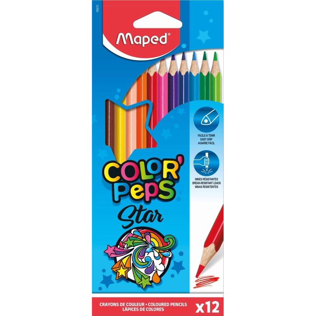 wqlpp-- Crayons de Couleur Classiques Color'Peps - 12 Couleurs Vives - Crayon de Coloriage Ergonomique Triangulaire - Pochette en Carton de 12 Crayons en Bois Certifiés FSC (183212)