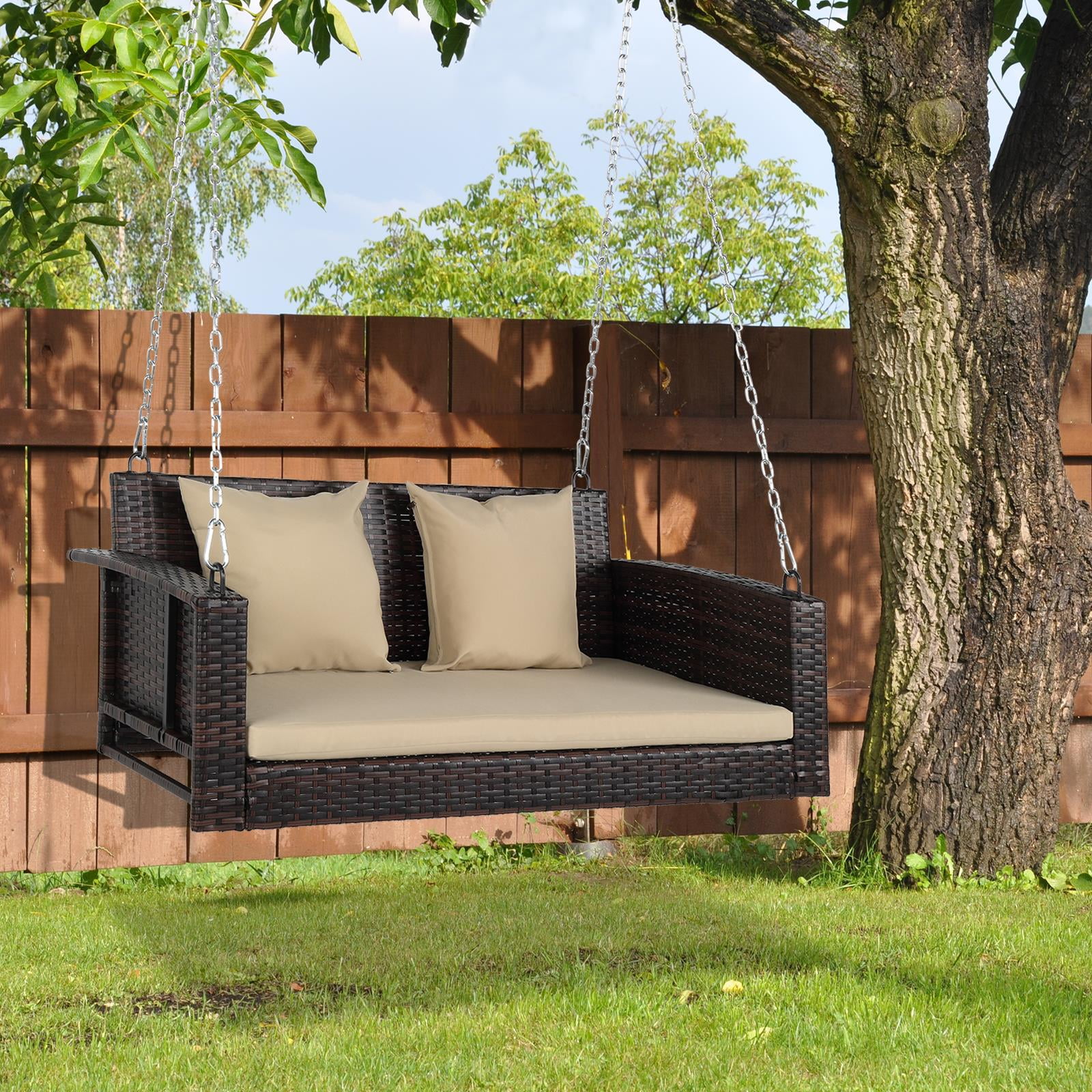 Jeco Resin Wicker Hanging Porch Swing with Cushion in Black and Tan 
