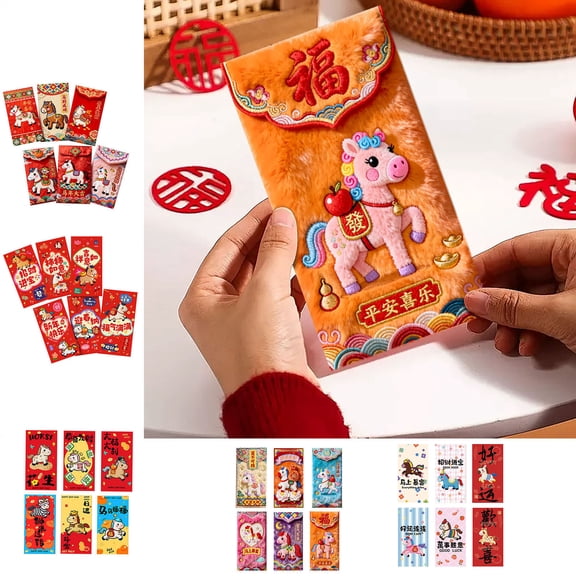 2026 Year of The Horse Printed Red Envelopes Set - 6pcs Thickened 3D Lunar New Year Money Envelopes - Festive Spring Festival Gifts for Adults, D