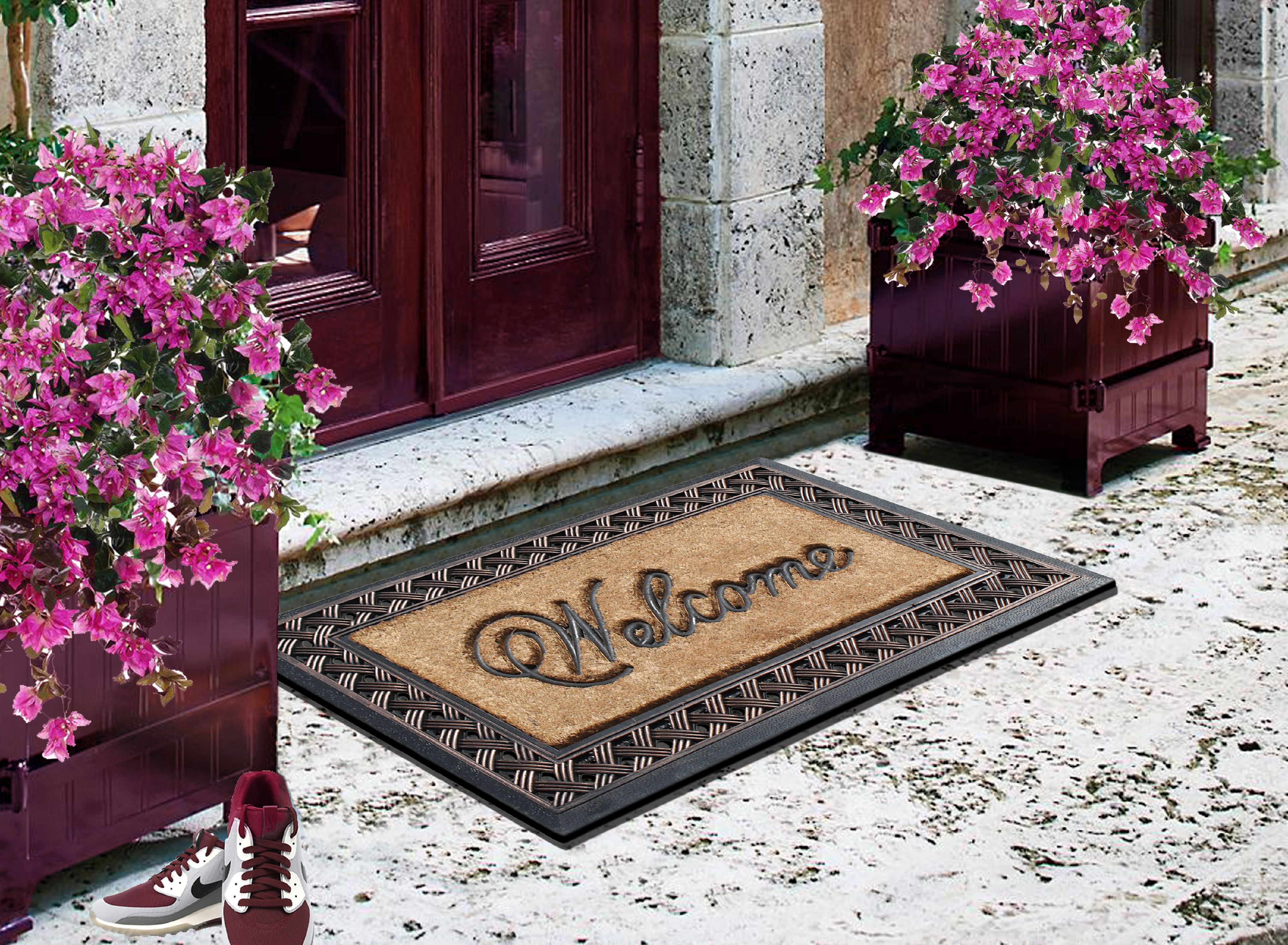 A1 Home Collections 38"×23" Natural Coir & Rubber Doormat - Decorative Welcome Design, Heavy Duty Coconut Fiber Entry Mat with Non-Slip Backing - Anti-Shed Treated, Low Profile Outdoor Front Door Mat