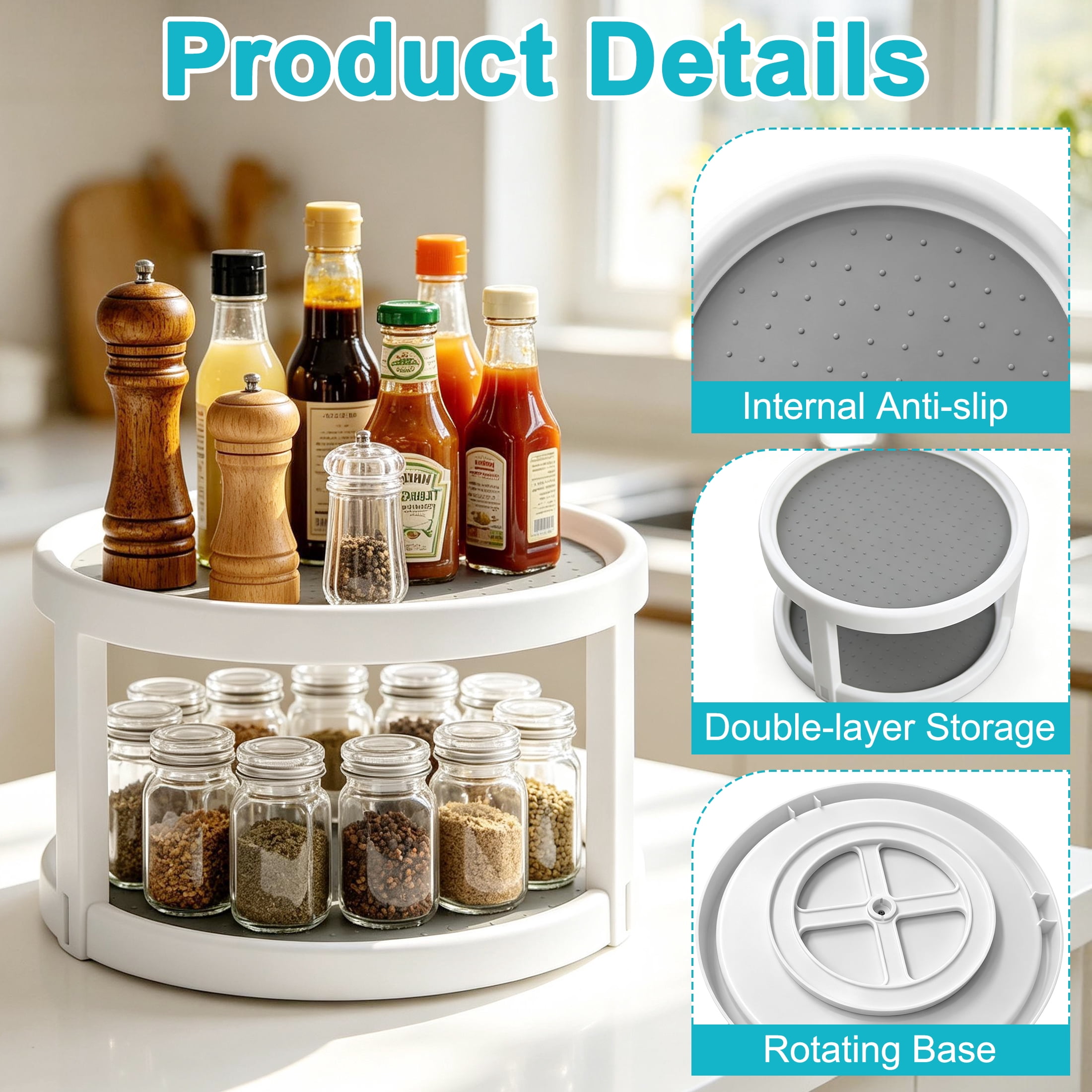 2-Tier Lazy Susan Turntable, Rotating Spice Rack, Turntable Rack for Cabinet, Non-Skid Lazy Susan Organizers for Kitchen Cabinet, Pantry and Countertop Organization