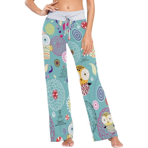 Women's Pajama Pants Owls Flower Texture Comfy Stretch Sleepwear Essentials womens Lightweight Lounge Terry Pajama Pant, Large