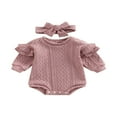 thumbnail image 1 of Barboteuse pour Bébés Filles et Garçons, Couleur Unie, Col Tricoté, Manches Longues Volantées, Combinaisons avec Bandeau, 1 of 8