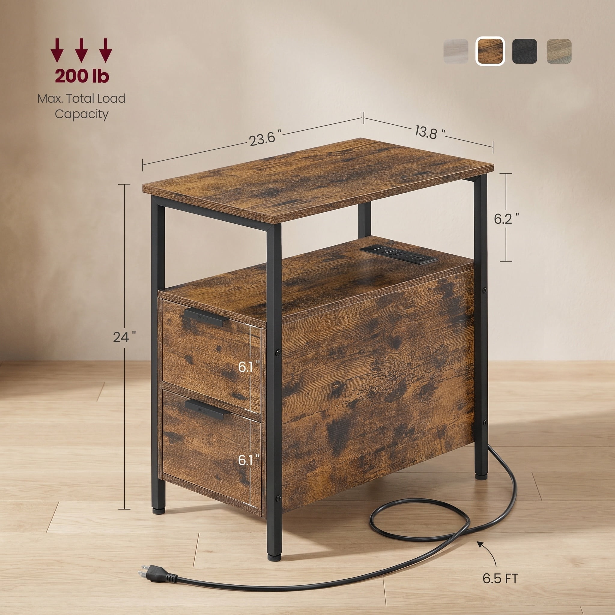 Nordic Hygge Slim Side Table with Charging Station and 2 Storage Drawers, Rustic Brown/Ink Black