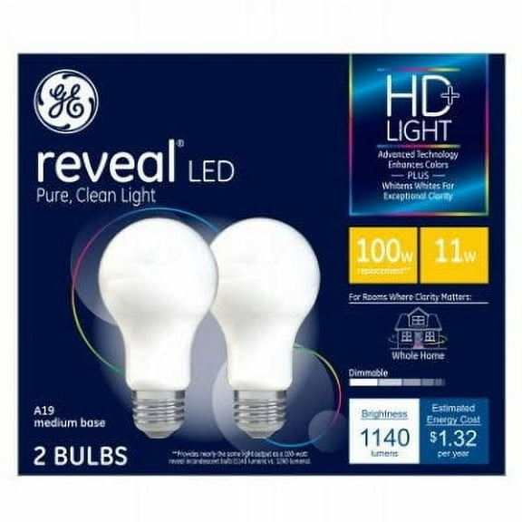 GE HD Reveal LED Light Bulb, A19 Mid Base, 1140 Lumens, 11-Watts, 2-Pk. 1 Pack