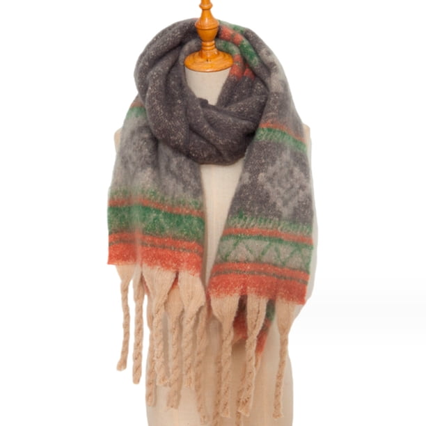 Bufanda cálida para mujer, chal colorido, suave, cómodo y elegante para clima frío, bufanda de jacquard, borlas de cola de cerdo
