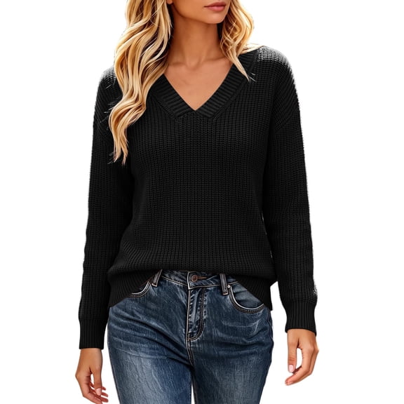 Wenini Women's V Neck Cotton Knit Sweater Long Sleeve Drop Shoulder Loose Pullover Sweater Top Solid Color S-XXXL