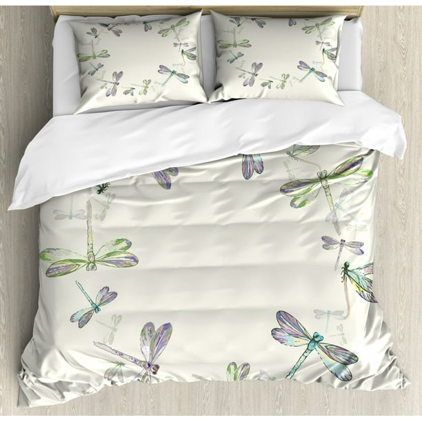 Dragonfly Queen Size Duvet Cover Set, Dragonflies in Circular Formation