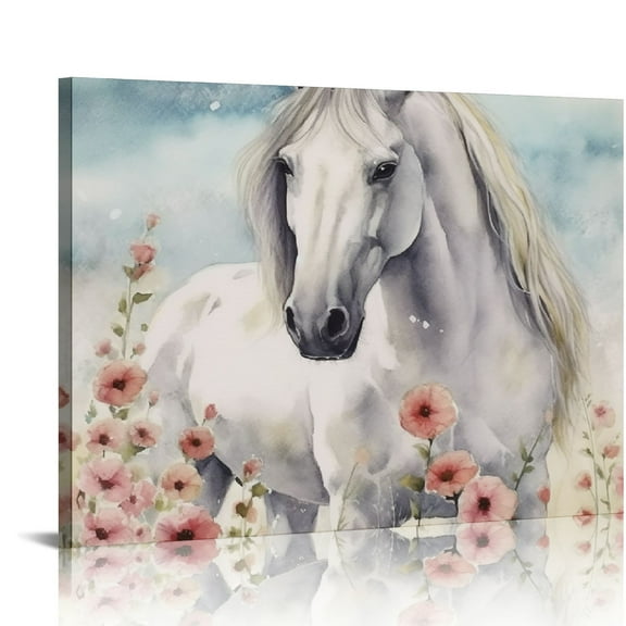 COMIO  - Watercolor Horse and Flower, Horse Canvas Wall Art Home Decor,Stretched Ready to Hang
