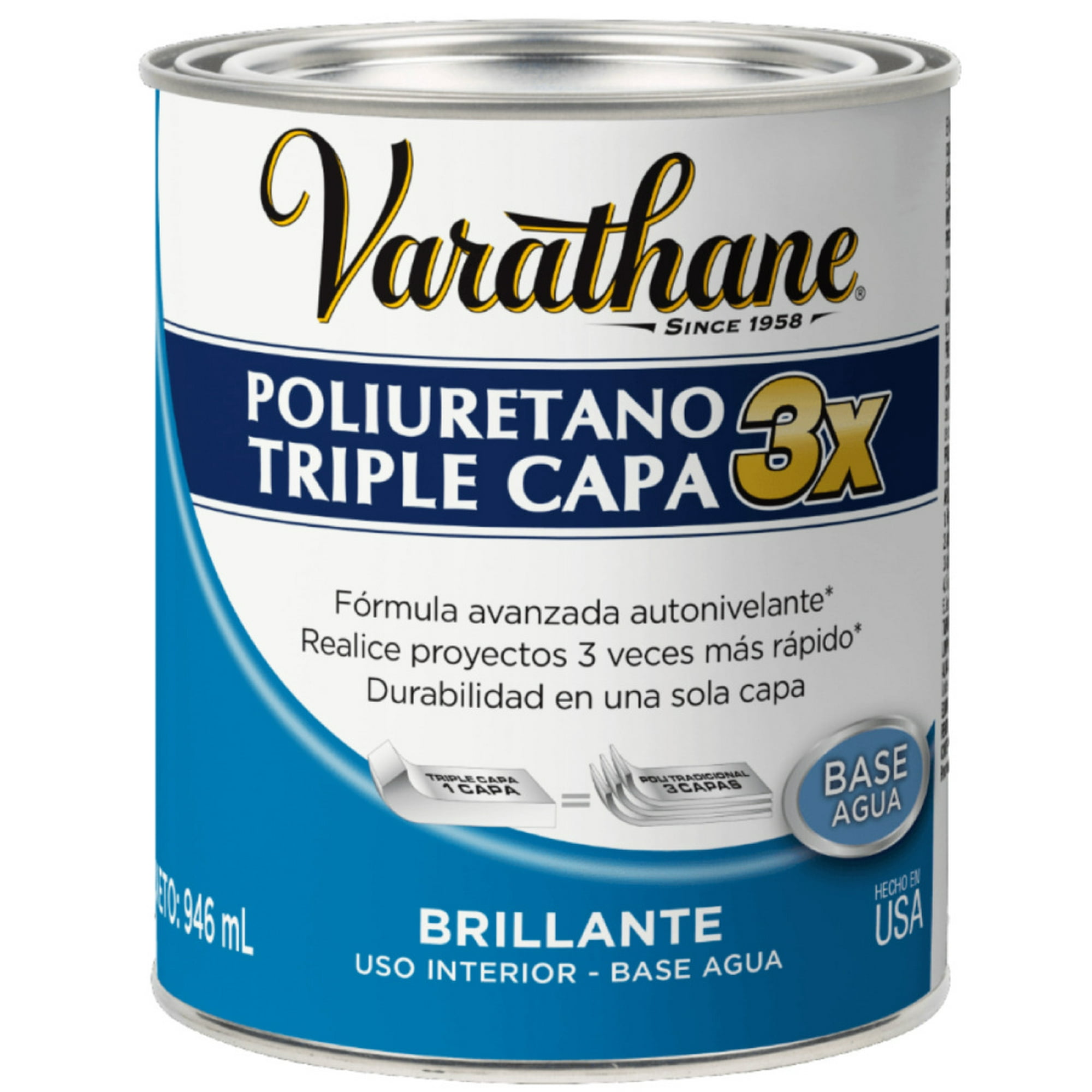 Barniz Poliuretano Triple Capa Base Agua 946Ml Transparente Brillante