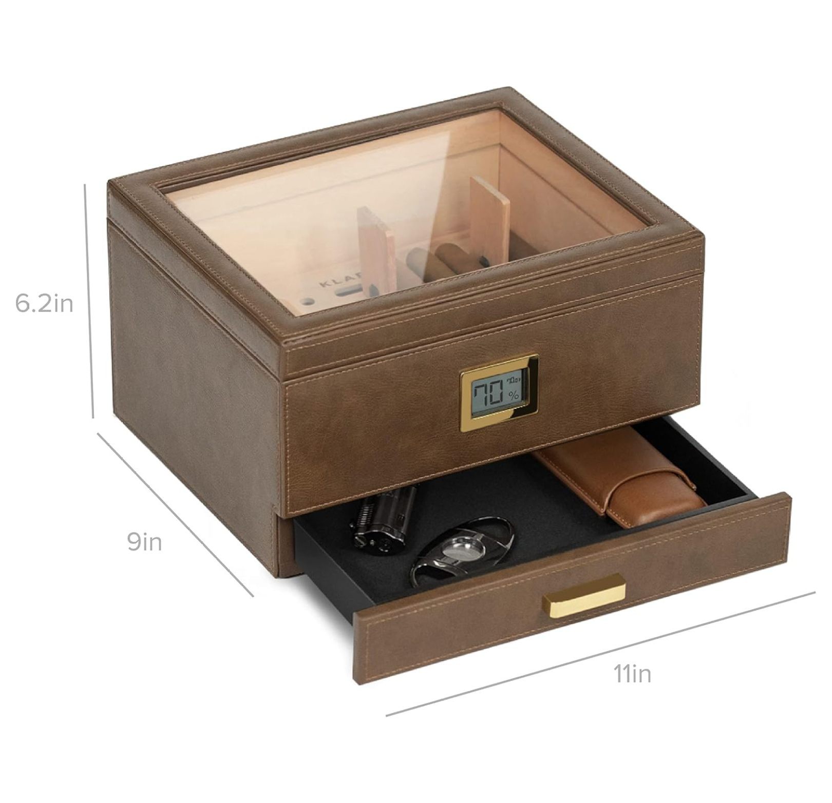 Glass Top Humidor Easy Humidification System, Thick Cedar, Accurate Digital Hygrometer, Leather Wrapped, Brown, Holds 30-60