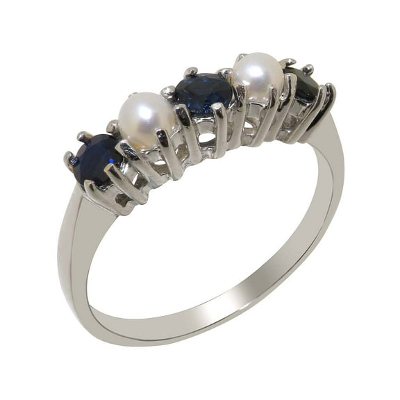 LBG British Made 925 Sterling Silver Natural Sapphire & Cultured Pearl Ladies Eternity Ring - 33 size options - Size 10