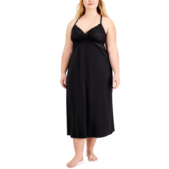 I.n.c. International Concepts Plus Size Lace Chemise Nightgown, Black 2X