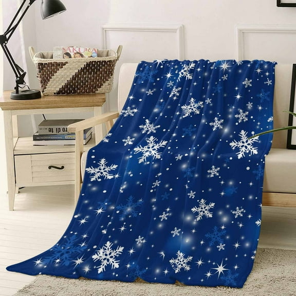 Navy Blue Christmas Snowflakes Throw Flannel Blanket 50x80In Winter Snowfall Shiny White Super Soft Cozy Bed Blanket, Lightweight Plush Fuzzy Bed Throw for Bedroom Sofa Couch Living Room
