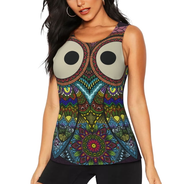Fotbe Boho Owl Blusas Sin Mangas para Mujer – Estilo Casual, Corte Suelto, Slim-Fit, Cuello Redondo Deportivo, Tops de Verano para Gimnasio y Yoga-XX-Large