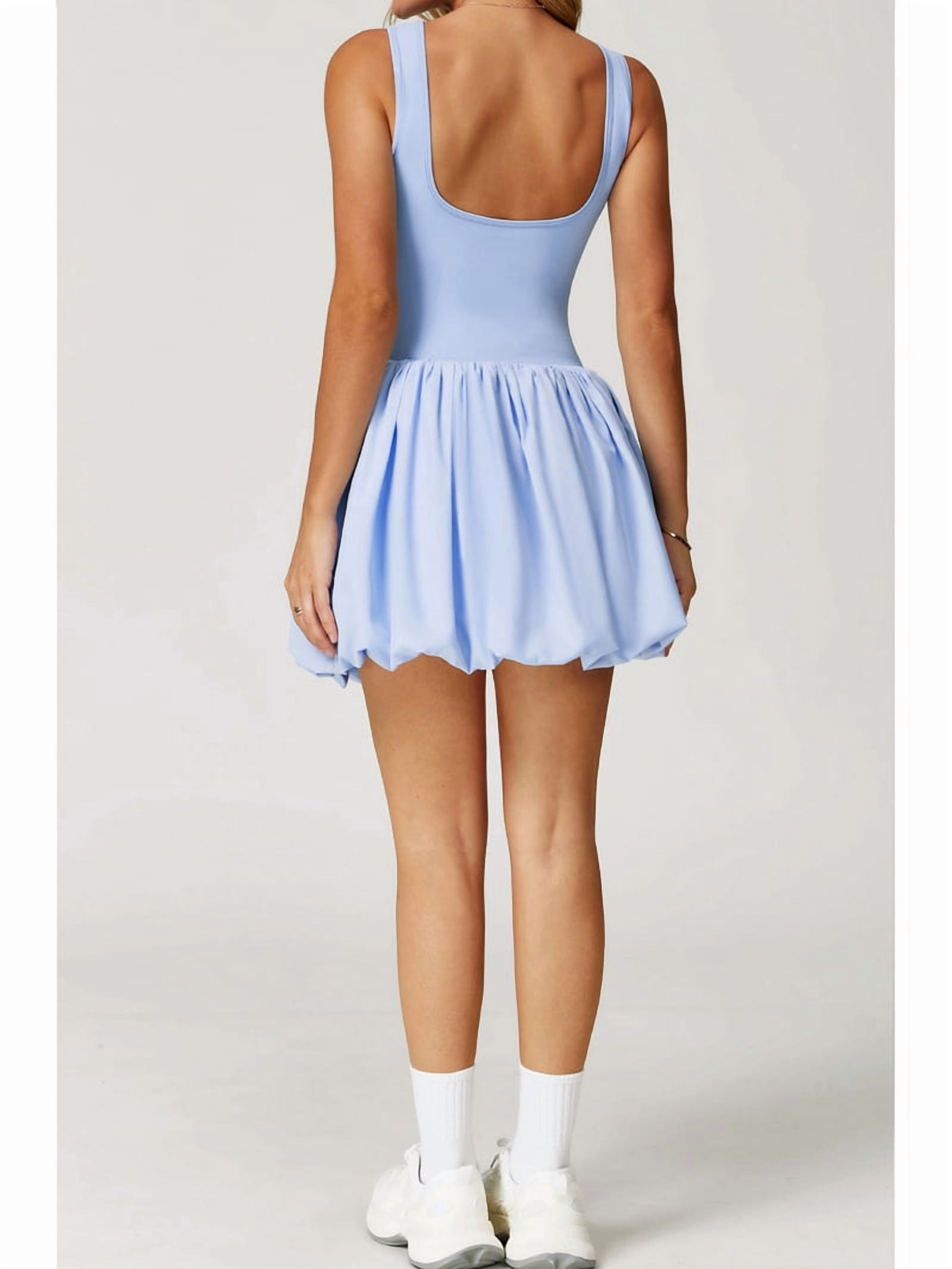 Womens Squre Neck Sleeveless Workout Golf Athletic Bubble Dresses Build in Shorts with Pockets