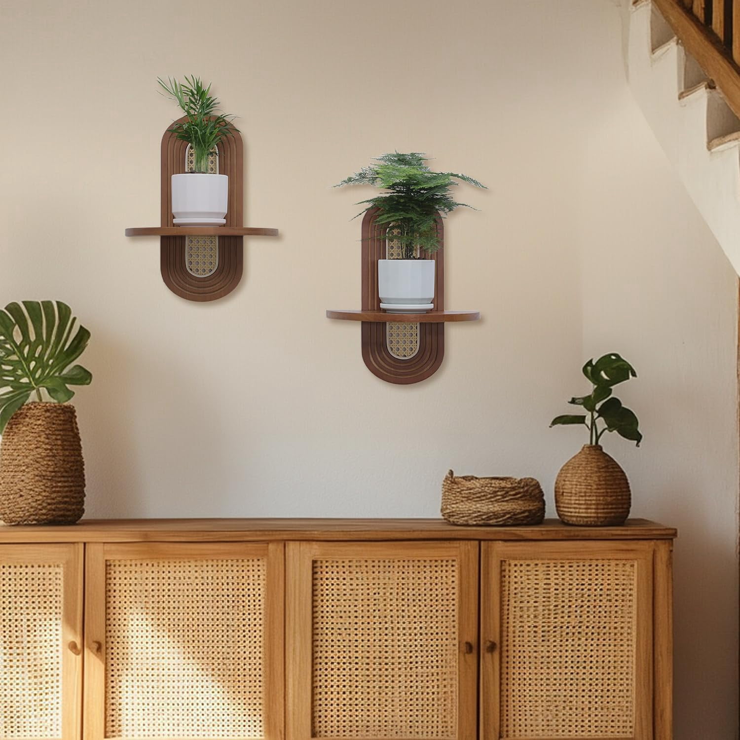Floating Shelves for Wall, Boho Rattan Shelf Set of 2, Nature Wood Shelves for Living Room, Bedroom