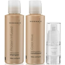 MOEHAIR Travel Pack of Protein Infused Shampoo (3.4 Fl. Oz), Color Alive Conditioner (3.4 Fl. Oz) and Hair Serum (0.51 Fl. Oz) | Travel Shampoo and Conditioner with Frizz Ease Serum | Sulfate-Free