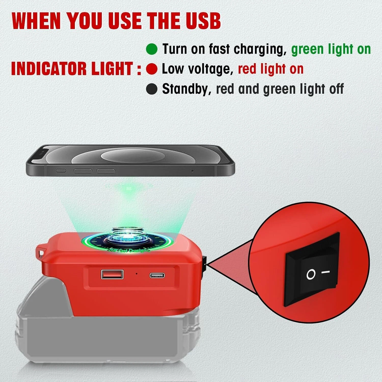 Wireless Charger Adapter for Milwaukee 18V Battery 15W for Phone with Type C USB
