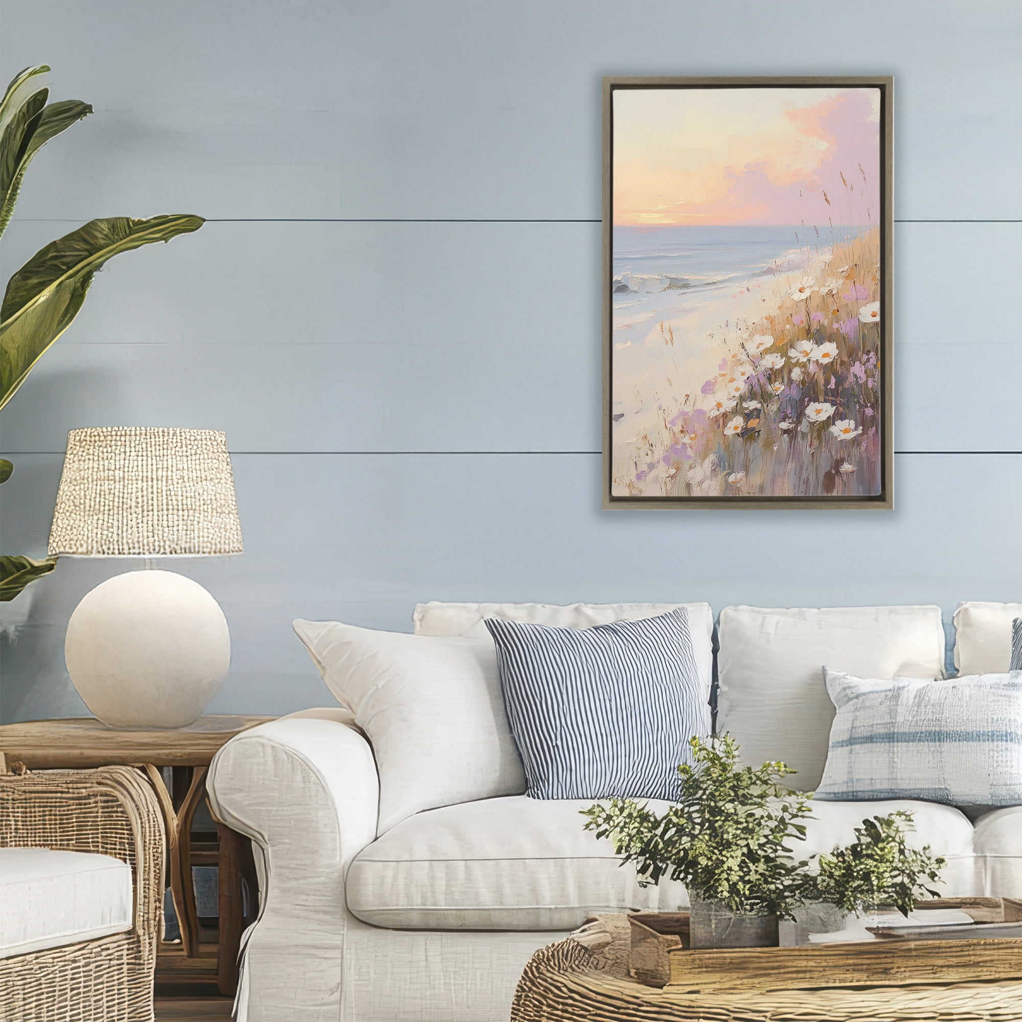 Stupell Industries Pastel Sunset Wildflowers By Sea Brown Framed Floater Canvas Wall Art, design by Sisi and Seb