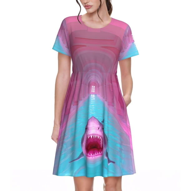Balery Pink Shark Pool Fantasy Vestidos sueltos de manga corta para mujer, vestidos de verano 2025, vestidos casuales de corte A con vuelo.