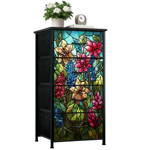 Dresser for Bedroom with 4 Storage Drawers Decorative Flower Vine Stained Glass Window Film Dressers Chest of Drawers Steel Framed Fabric Closet Organizers for Entryway