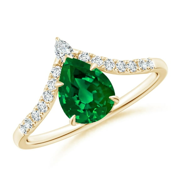 ANGARA Lab Grown Pear Emerald and Diamond Chevron Engagement Ring for Women in 14K Yellow Gold (Size-8x6mm) | May Birthstone, Birthday, Anniversary, Jewelry Gift for Women | Lab-Grown Emerald Ring