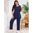 thumbnail image 2 of SHOWMALL Women's Plus Size Summer Outfits 2 Piece Sets Lightweight Short Sleeve Top & Pants for Vacation Navy Blue 1X, 2 of 9
