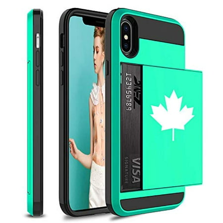 Wallet Credit Card ID Holder Shockproof Protective Hard Case Cover for Apple iPhone Maple Leaf Canada (Seafoam-Green, for Apple iPhone