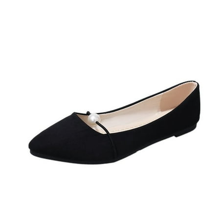

ZAROYEAX Women s Solid Color Suede Flat Heel Pearl Flat Heel Pointed Casual Shoes